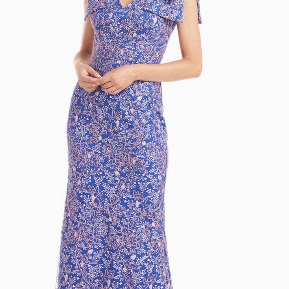 JS Collections Blue Embroidered Off the Shoulder Evening Gown Sz14